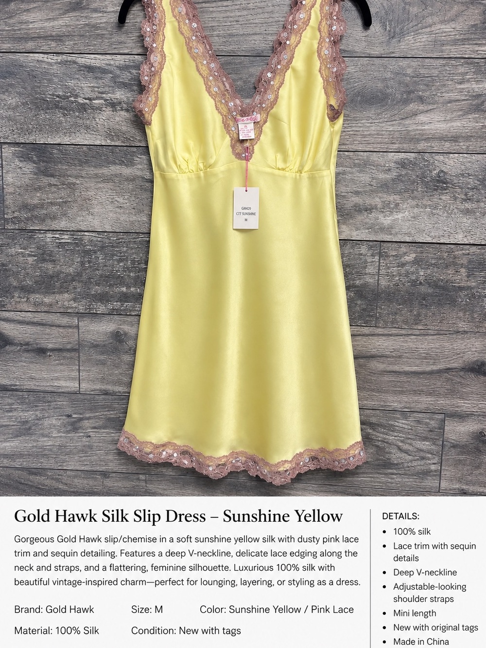 Gold Hawk 100% Silk Yellow Lace Sequin Slip Dress NWT M
